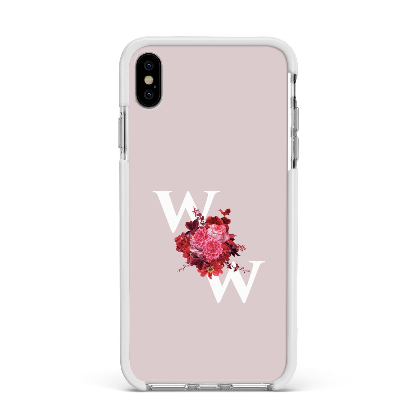Custom Dual Initial Floral Apple iPhone Xs Max Impact Case White Edge on Silver Phone
