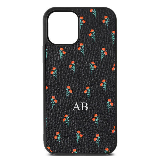 Custom Floral Black Pebble Leather iPhone 12 Case