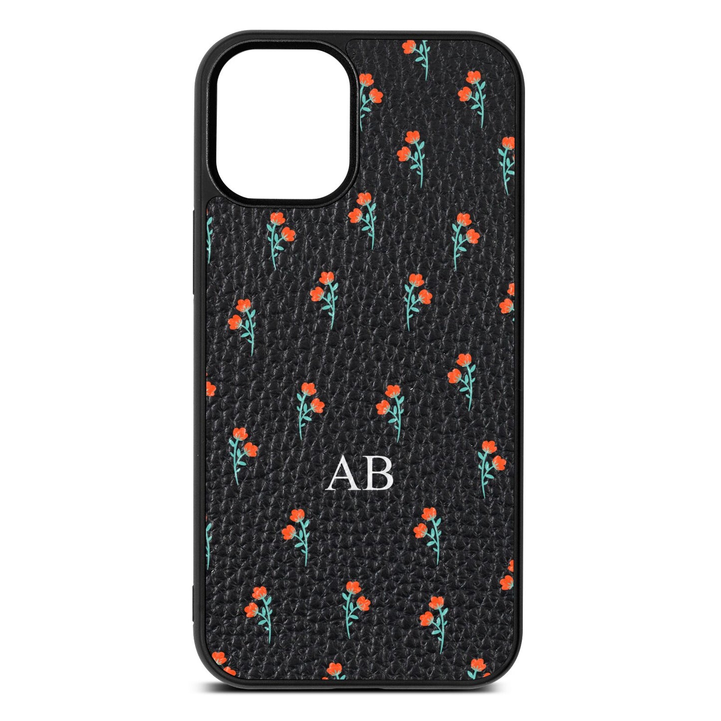 Custom Floral Black Pebble Leather iPhone 12 Mini Case