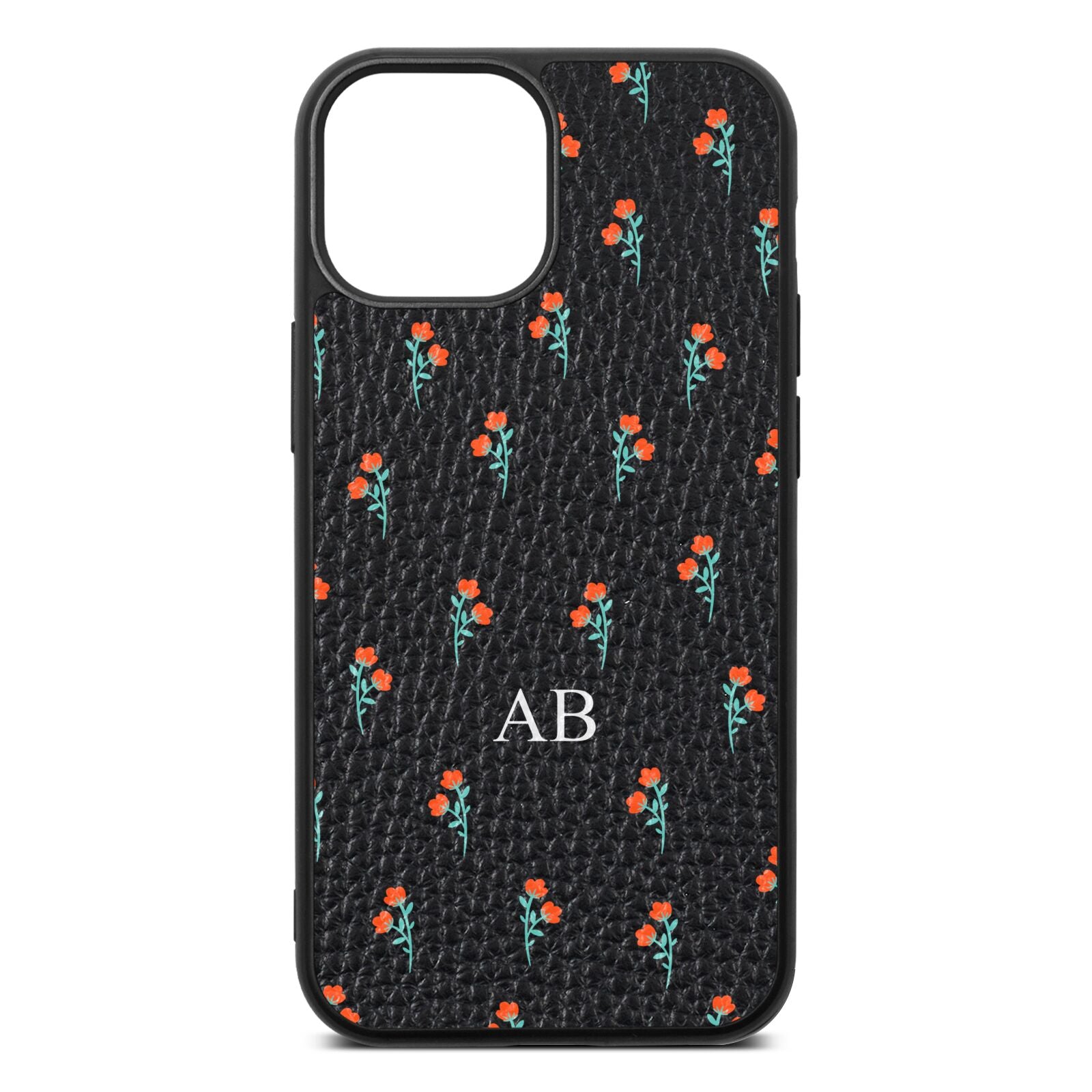Custom Floral Black Pebble Leather iPhone 13 Mini Case