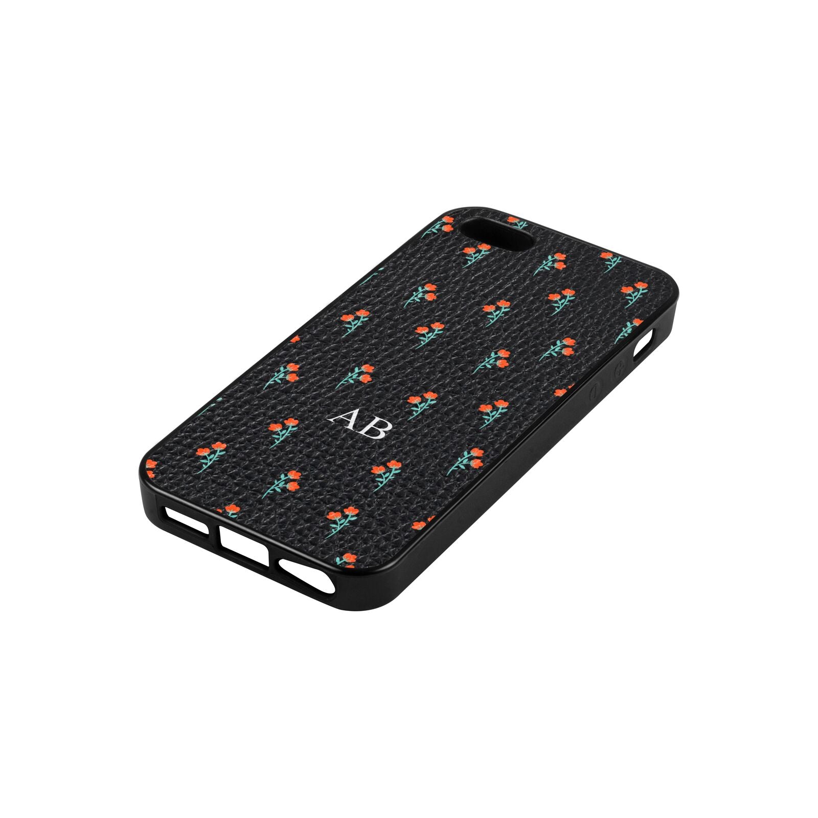 Custom Floral Black Pebble Leather iPhone 5 Case Side Angle