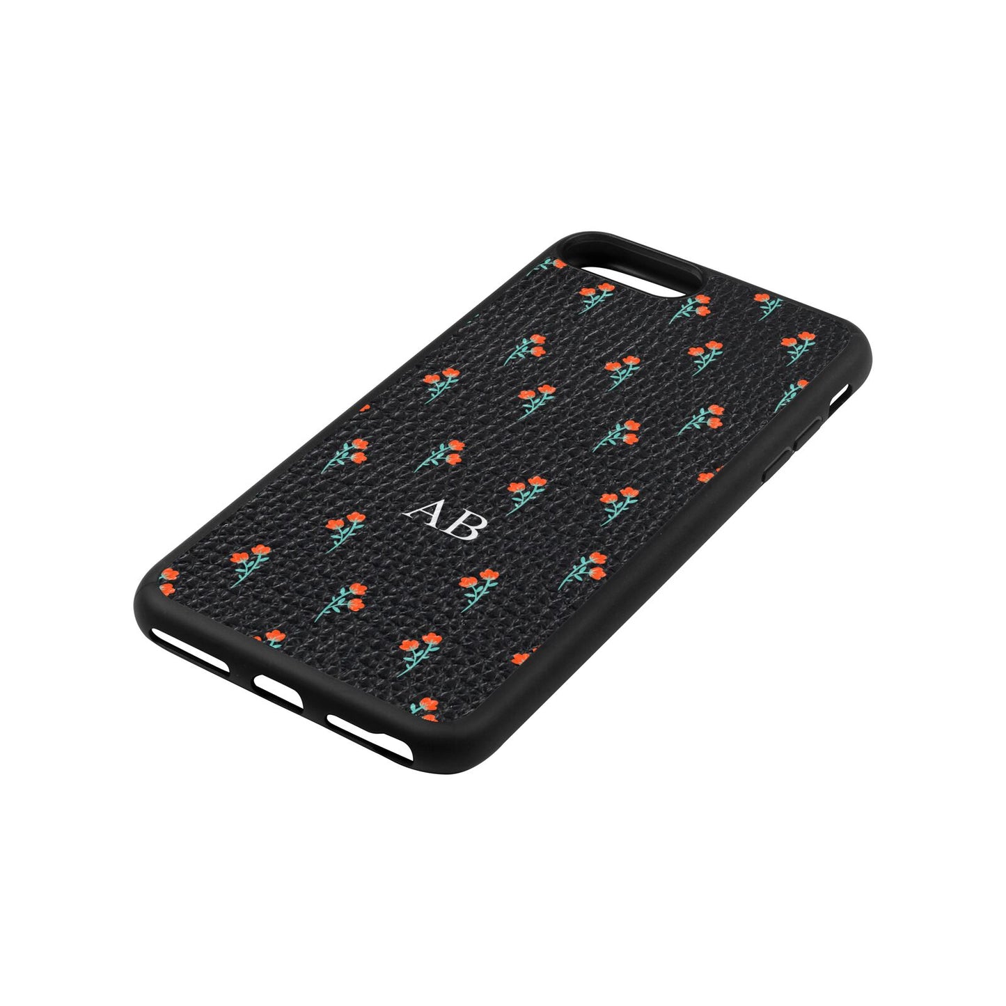 Custom Floral Black Pebble Leather iPhone 8 Plus Case Side Angle