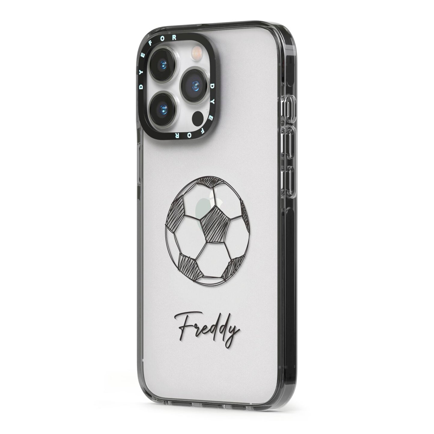 Custom Football iPhone 13 Pro Black Impact Case Side Angle on Silver phone