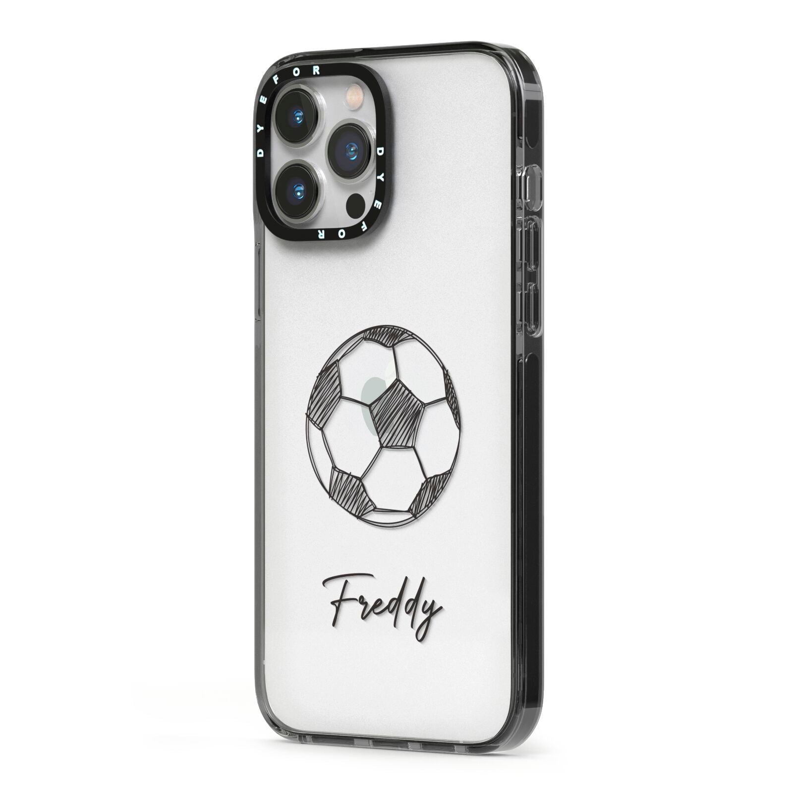 Custom Football iPhone 13 Pro Max Black Impact Case Side Angle on Silver phone