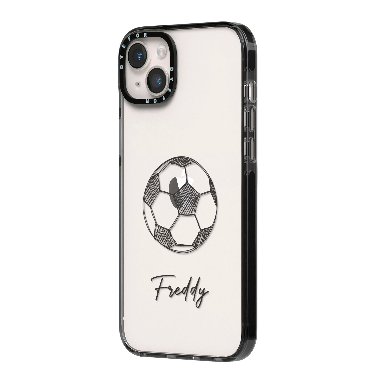 Custom Football iPhone 14 Plus Black Impact Case Side Angle on Silver phone