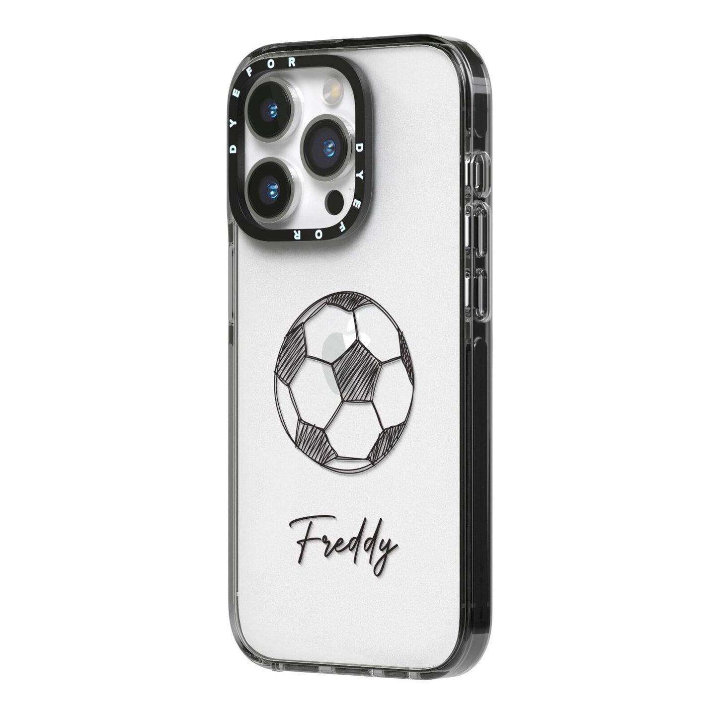 Custom Football iPhone 14 Pro Black Impact Case Side Angle on Silver phone