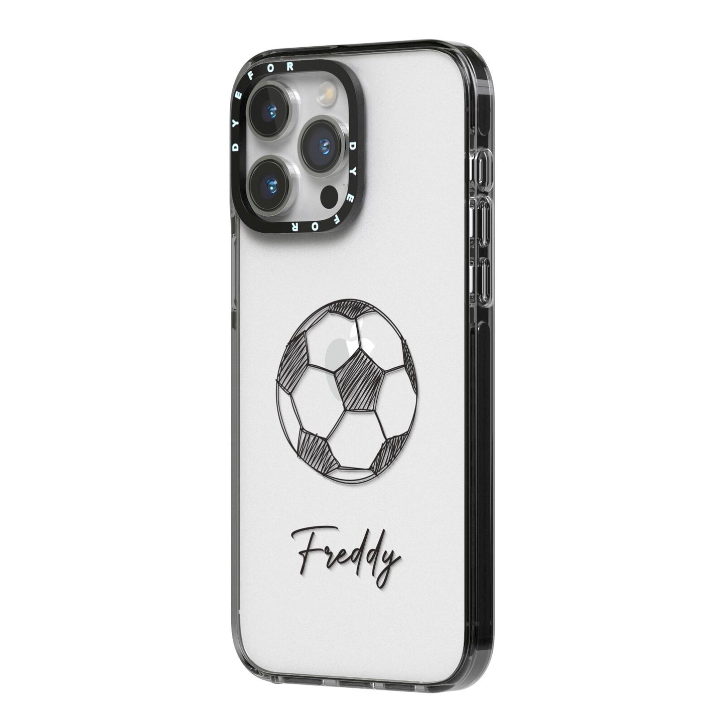 Custom Football iPhone 14 Pro Max Black Impact Case Side Angle on Silver phone