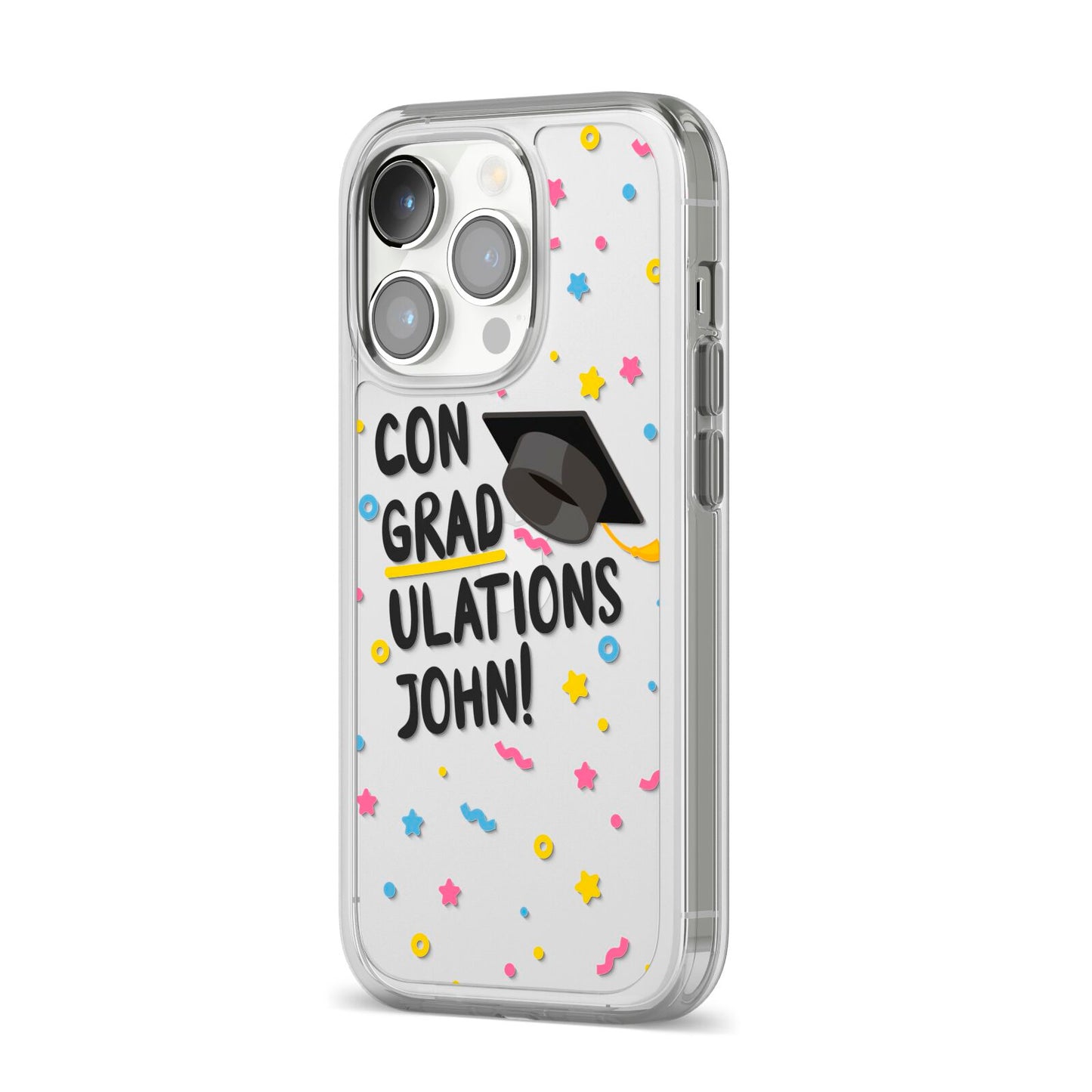 Custom Graduation iPhone 14 Pro Clear Tough Case Silver Angled Image