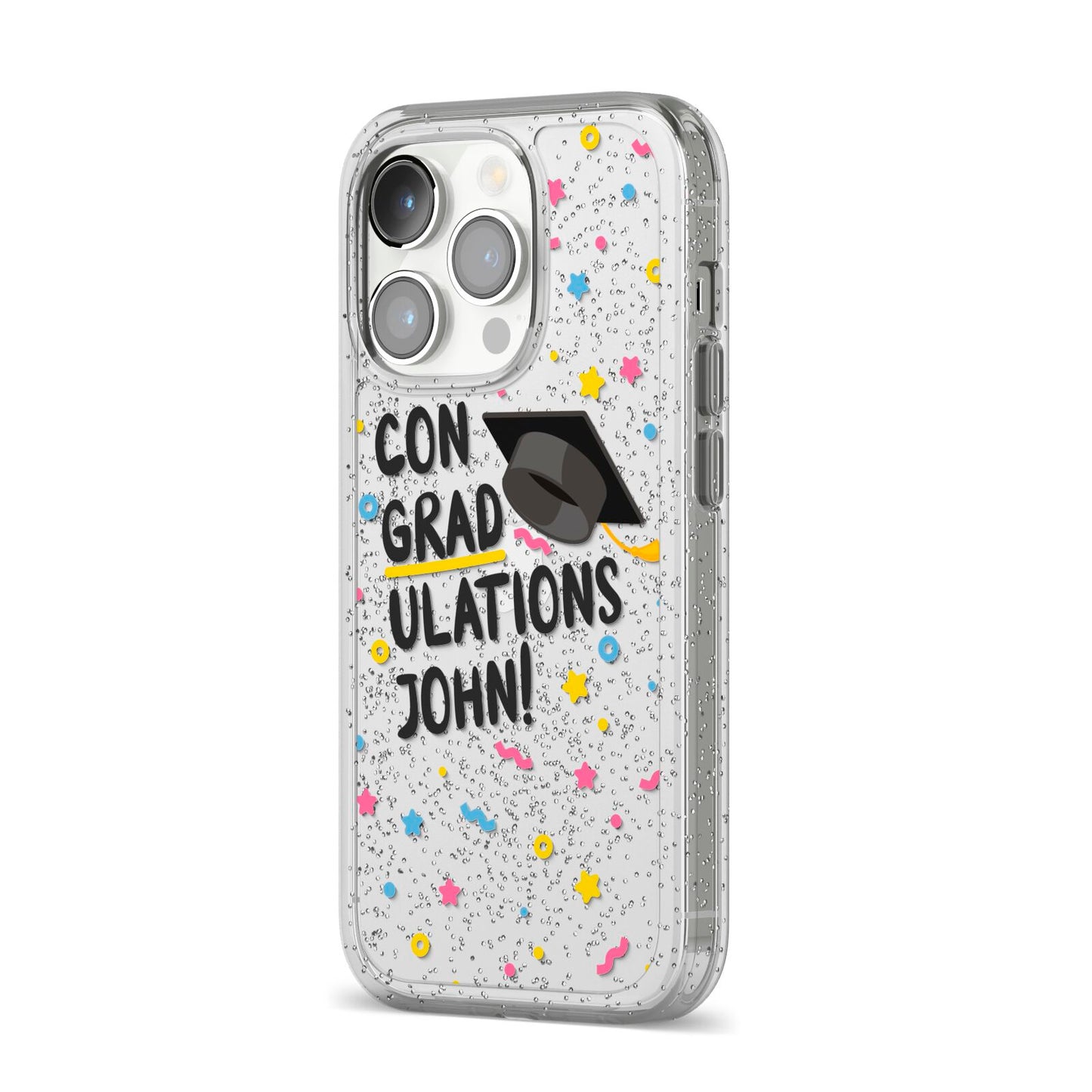 Custom Graduation iPhone 14 Pro Glitter Tough Case Silver Angled Image