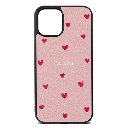 Custom Hearts Name Pink Pebble Leather iPhone 12 Case