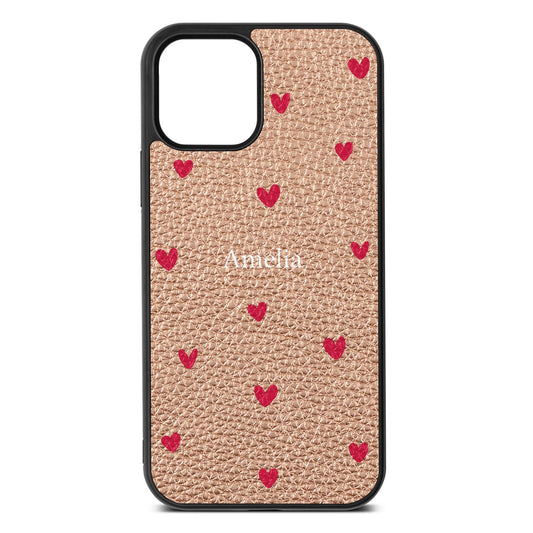 Custom Hearts Name Rose Gold Pebble Leather iPhone 12 Case