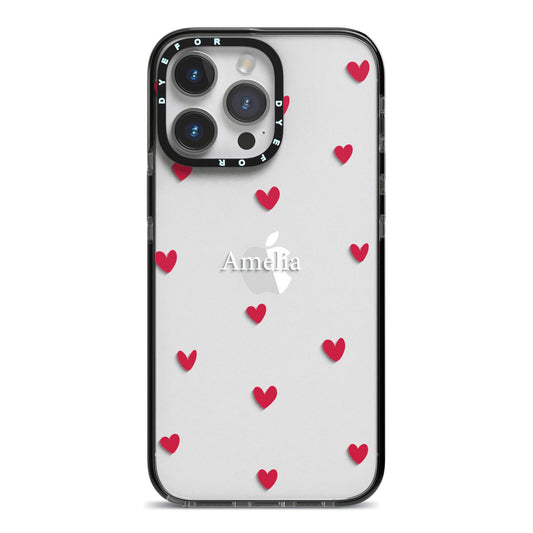 Custom Hearts Name iPhone 14 Pro Max Black Impact Case on Silver phone