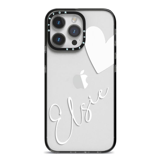 Custom Name Heart iPhone 14 Pro Max Black Impact Case on Silver phone