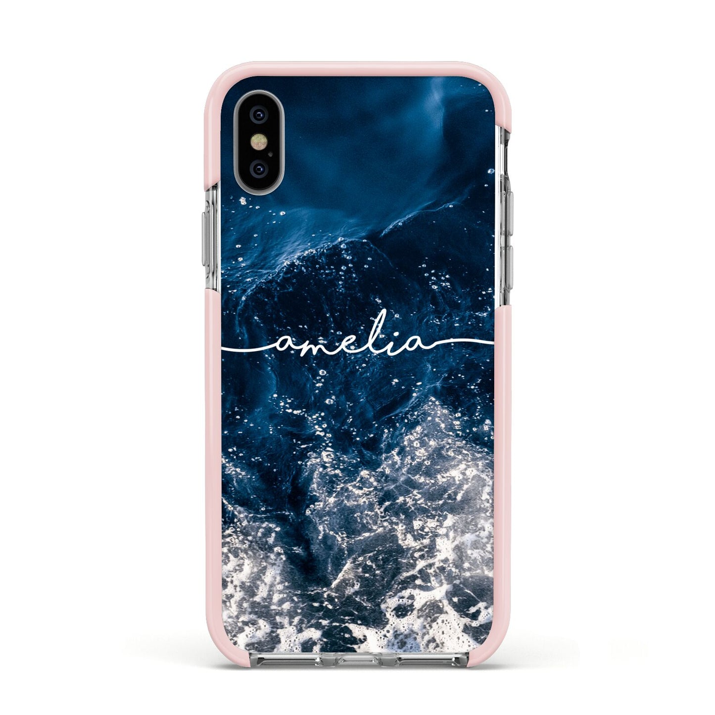Custom Sea Apple iPhone Xs Impact Case Pink Edge on Silver Phone