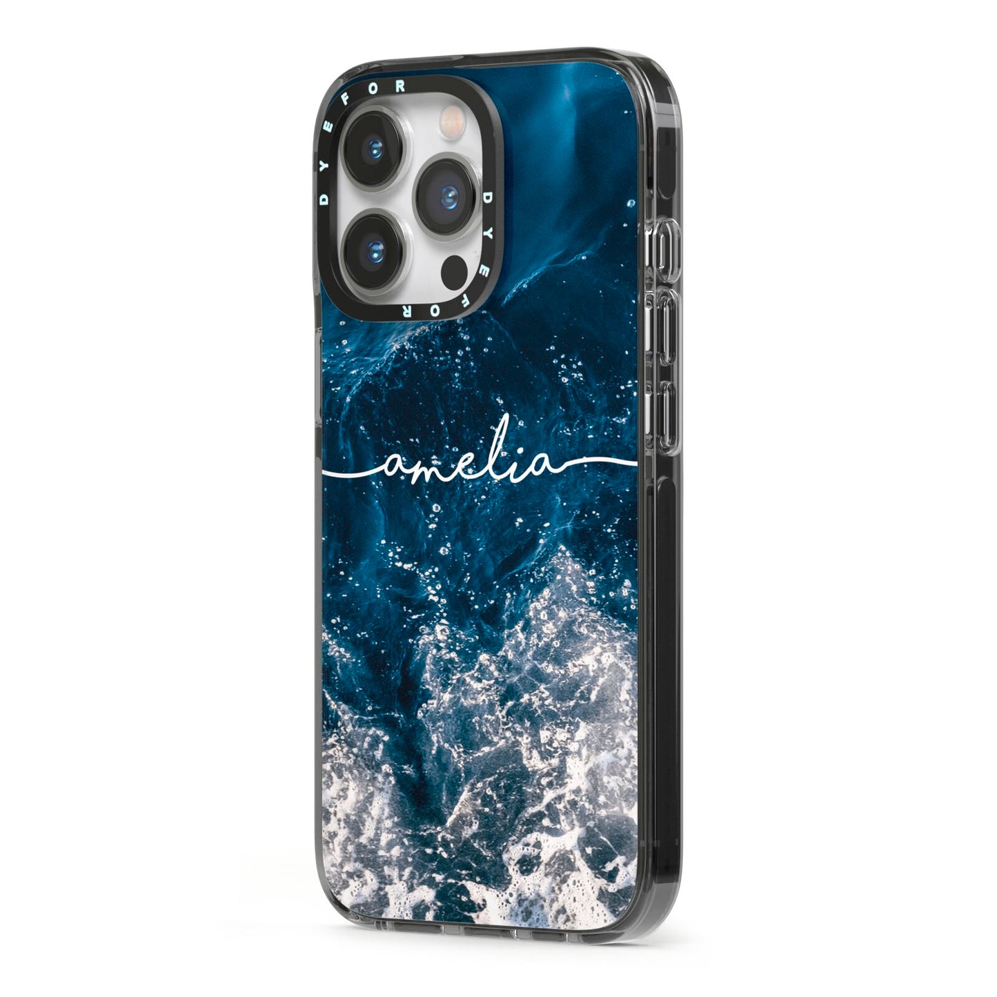 Custom Sea iPhone 13 Pro Black Impact Case Side Angle on Silver phone
