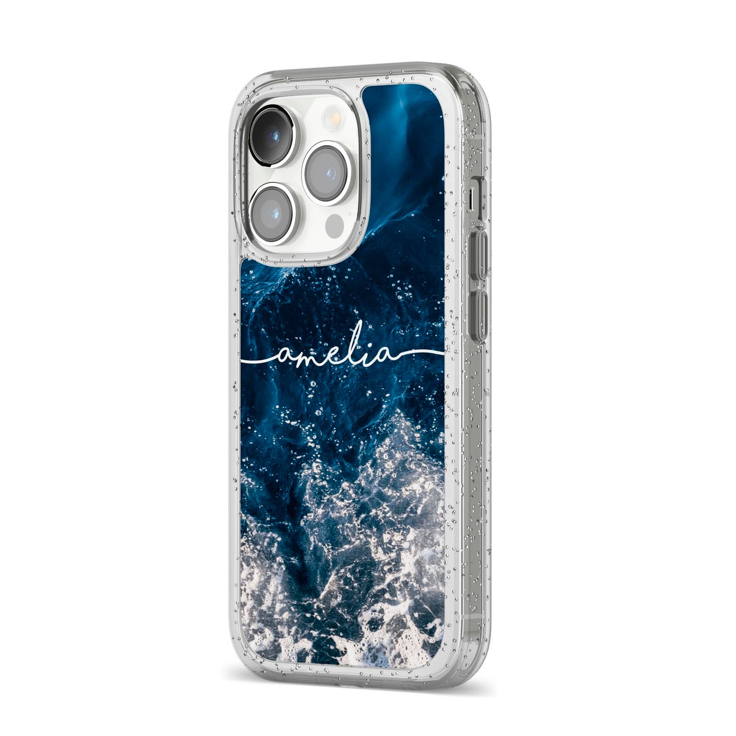 Custom Sea iPhone 14 Pro Glitter Tough Case Silver Angled Image
