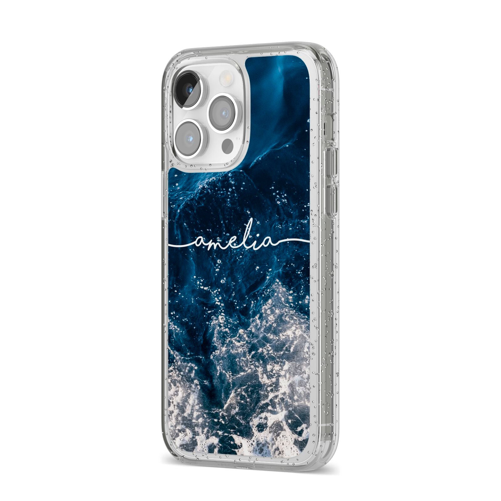 Custom Sea iPhone 14 Pro Max Glitter Tough Case Silver Angled Image