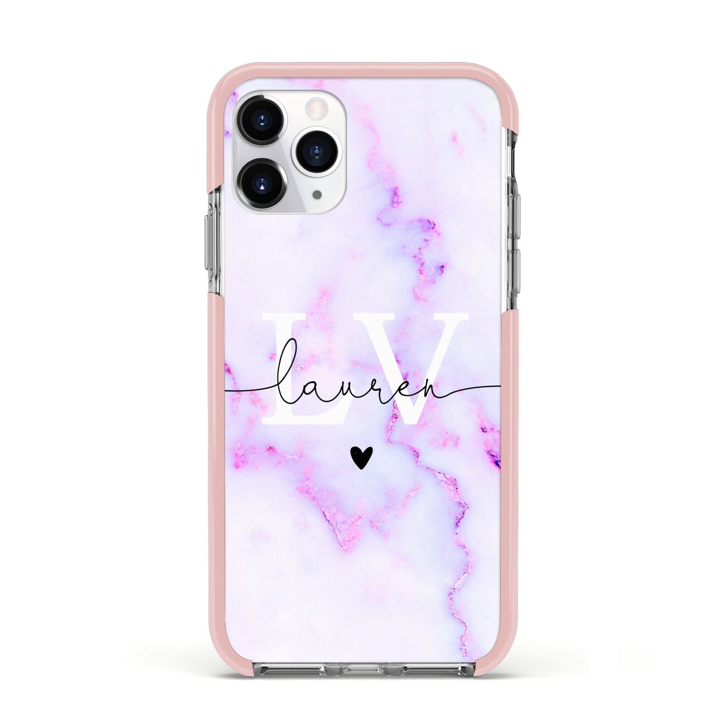 Customisable Name Initial Marble Apple iPhone 11 Pro in Silver with Pink Impact Case