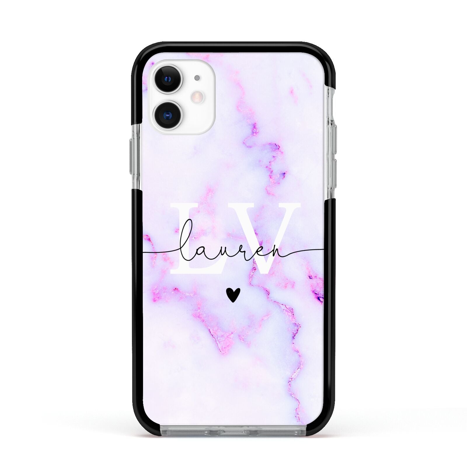 Customisable Name Initial Marble Apple iPhone 11 in White with Black Impact Case