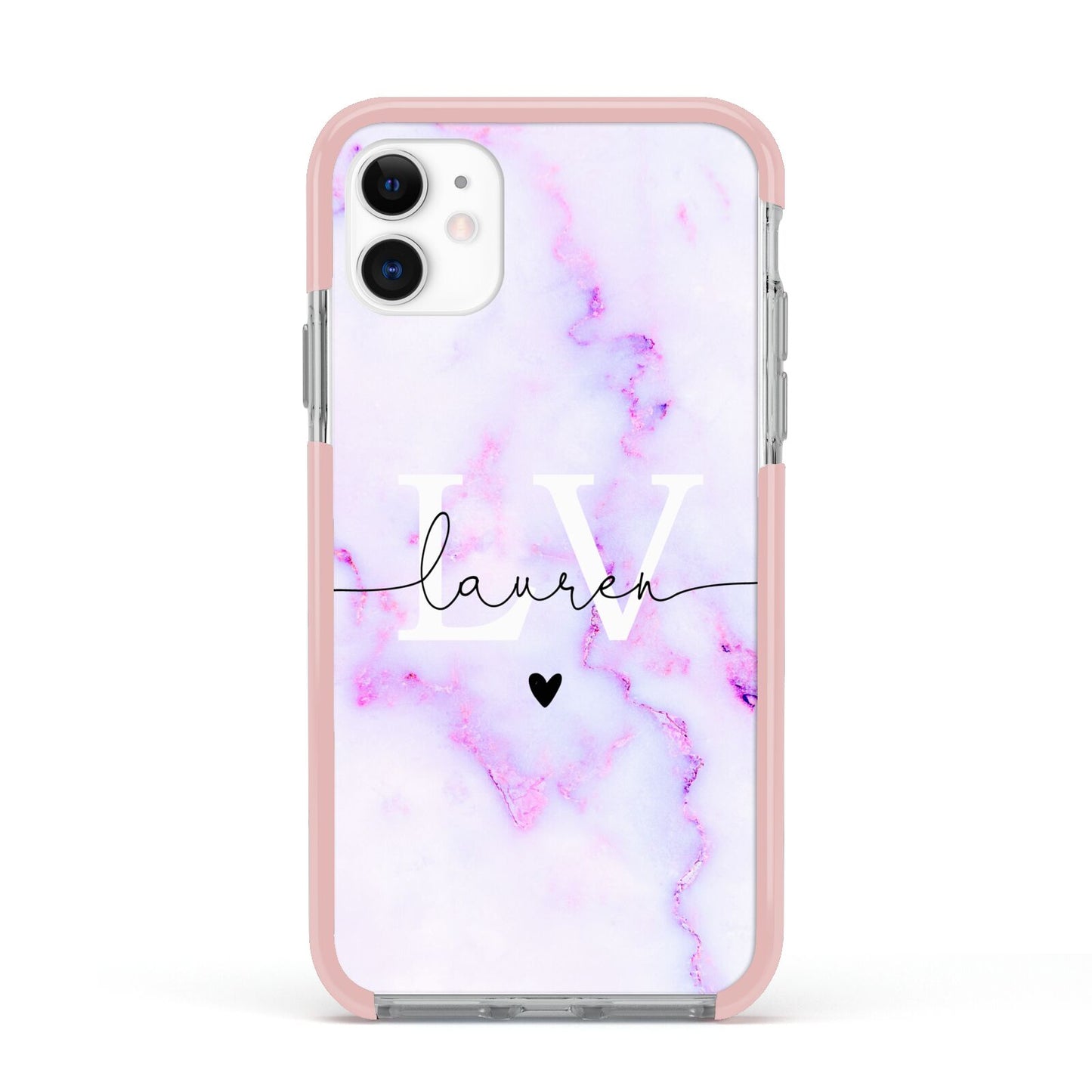 Customisable Name Initial Marble Apple iPhone 11 in White with Pink Impact Case