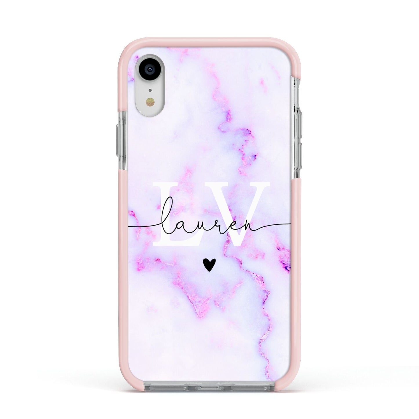 Customisable Name Initial Marble Apple iPhone XR Impact Case Pink Edge on Silver Phone