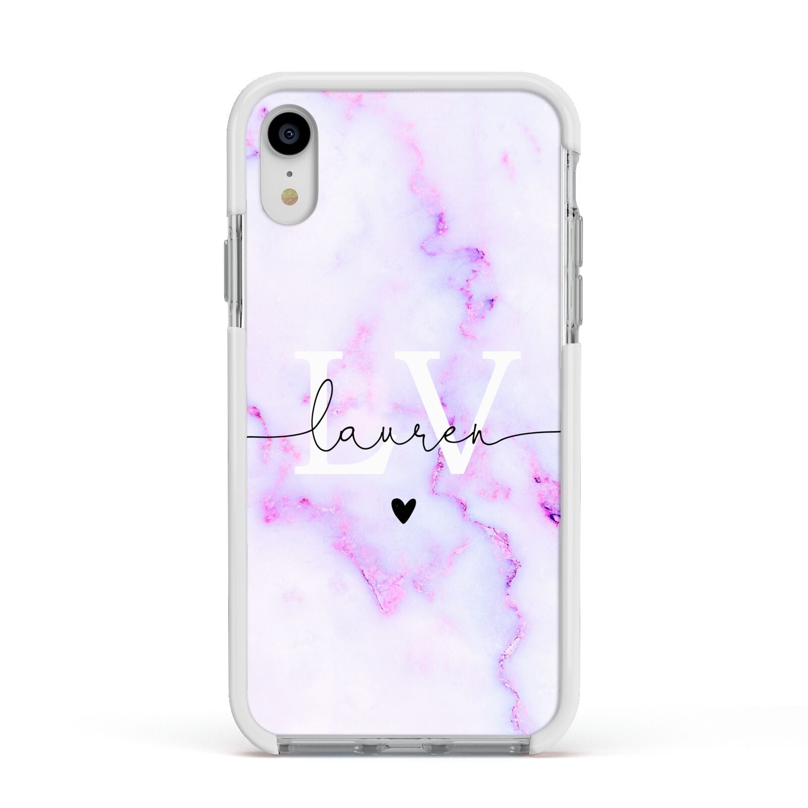 Customisable Name Initial Marble Apple iPhone XR Impact Case White Edge on Silver Phone