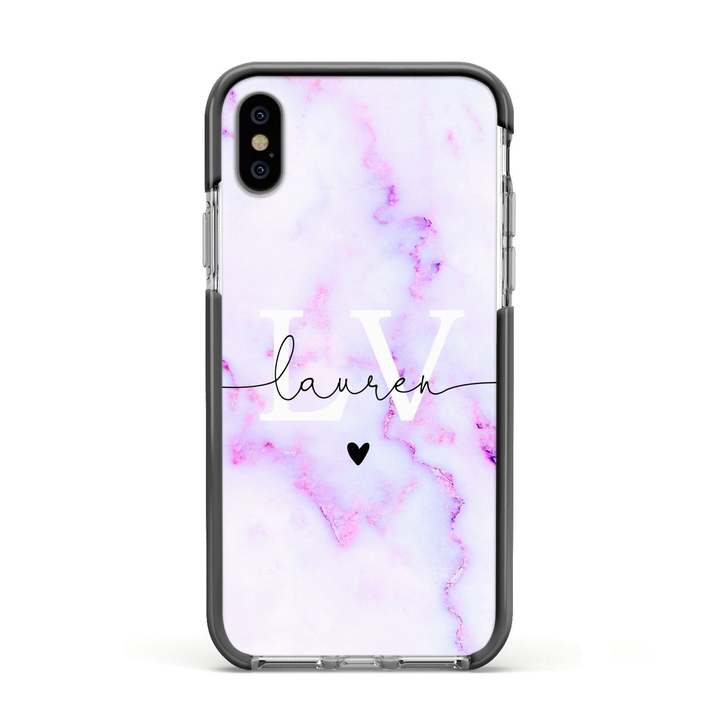 Customisable Name Initial Marble Apple iPhone Xs Impact Case Black Edge on Silver Phone