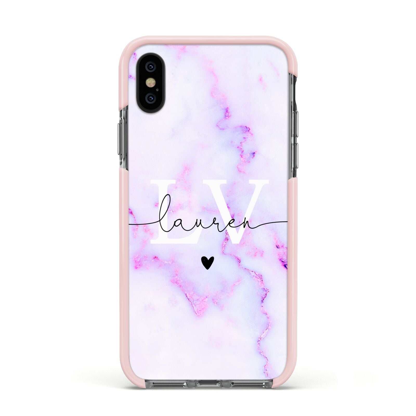 Customisable Name Initial Marble Apple iPhone Xs Impact Case Pink Edge on Black Phone