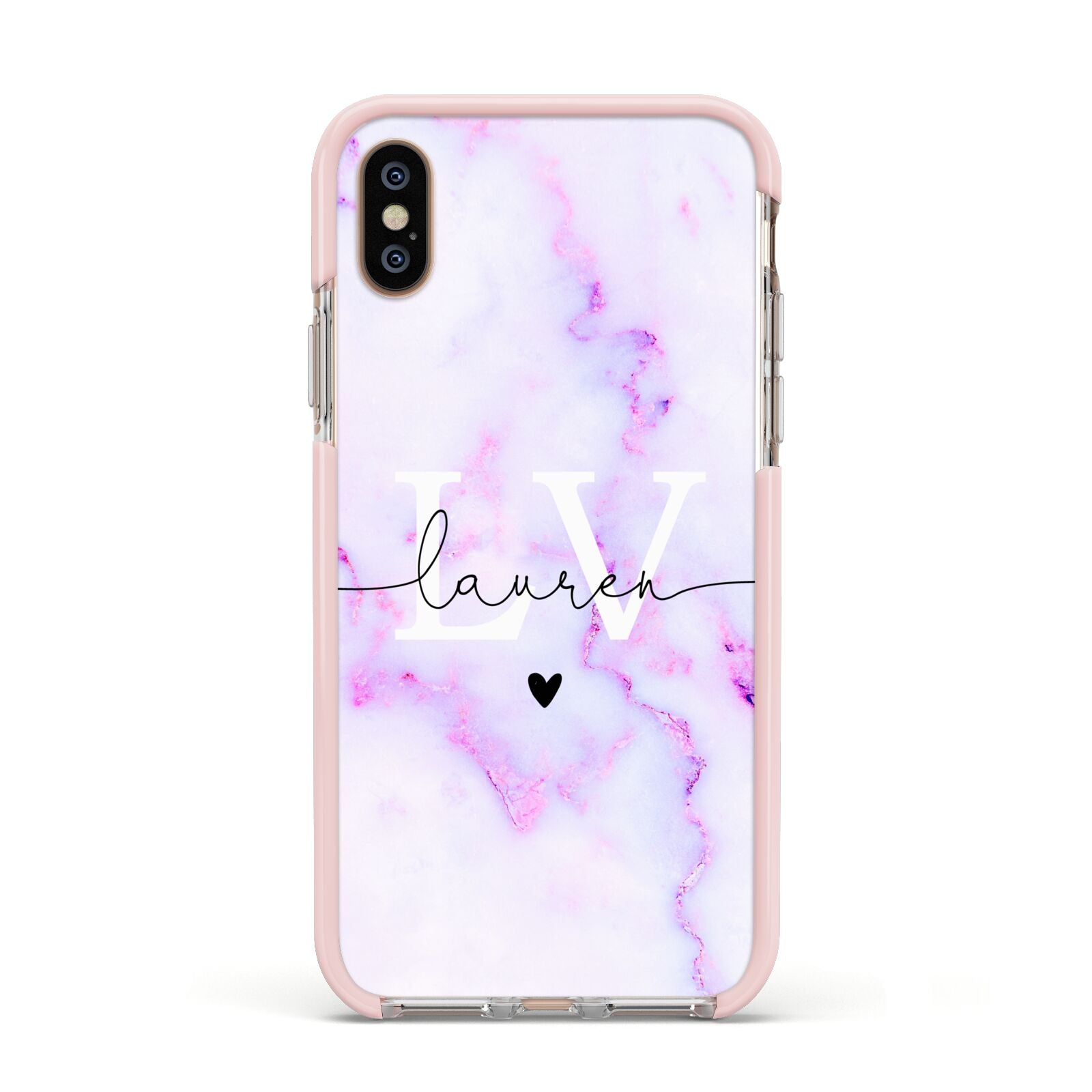 Customisable Name Initial Marble Apple iPhone Xs Impact Case Pink Edge on Gold Phone
