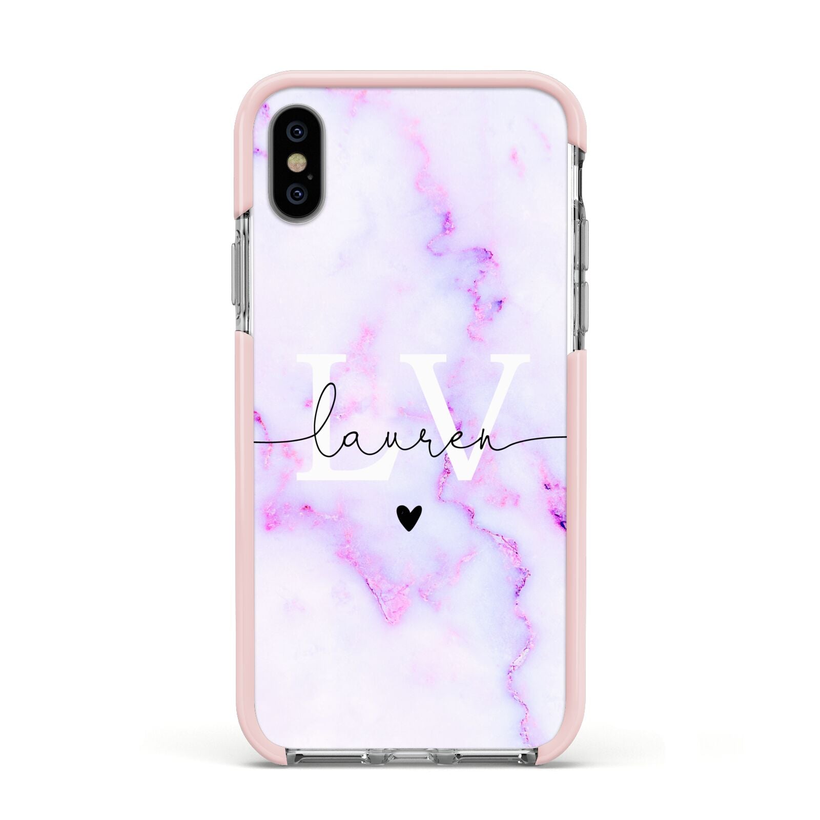 Customisable Name Initial Marble Apple iPhone Xs Impact Case Pink Edge on Silver Phone