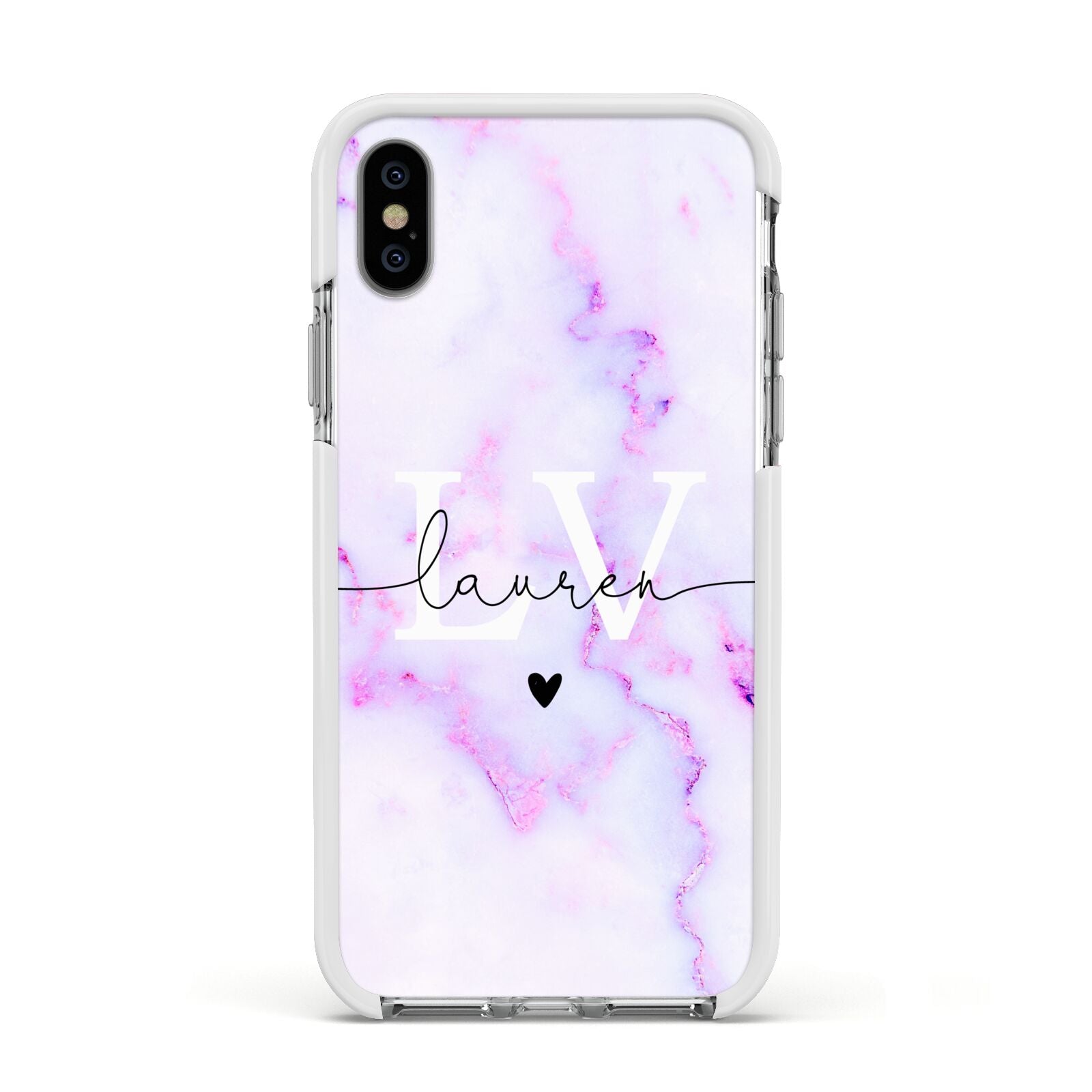 Customisable Name Initial Marble Apple iPhone Xs Impact Case White Edge on Silver Phone