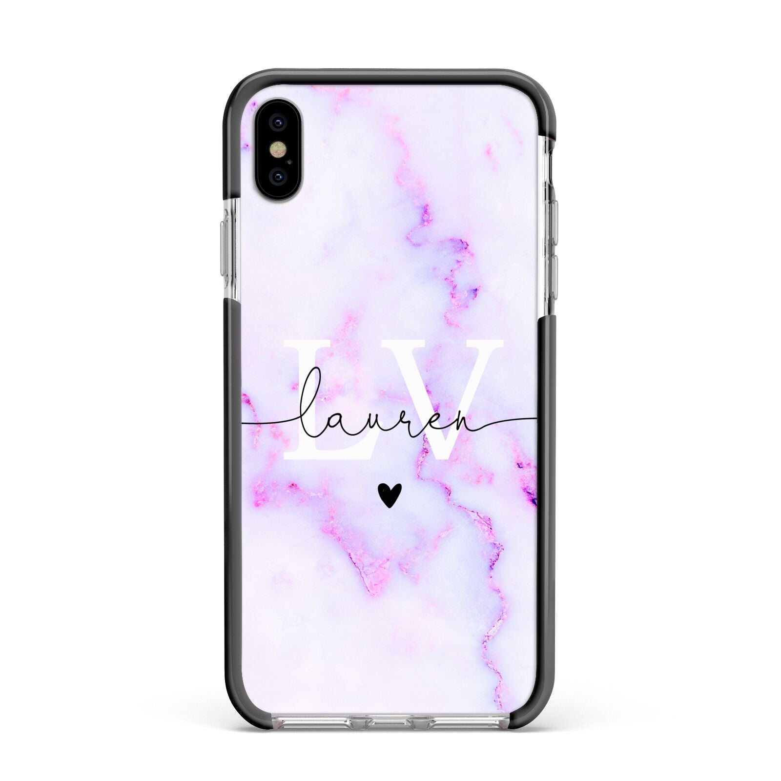 Customisable Name Initial Marble Apple iPhone Xs Max Impact Case Black Edge on Silver Phone