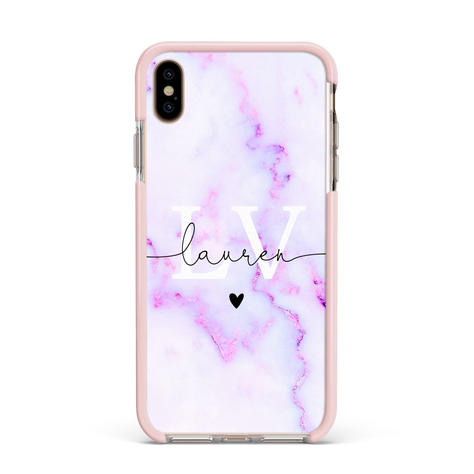 Customisable Name Initial Marble Apple iPhone Xs Max Impact Case Pink Edge on Gold Phone