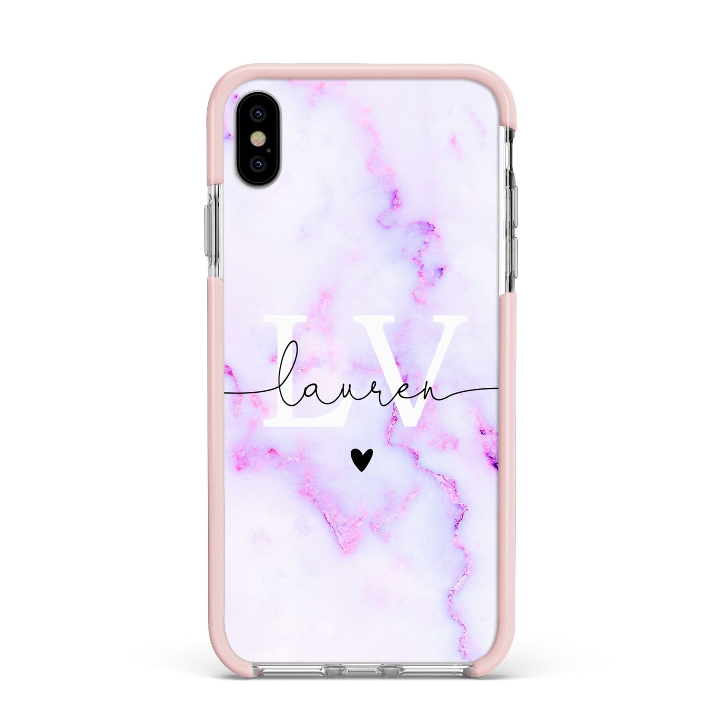 Customisable Name Initial Marble Apple iPhone Xs Max Impact Case Pink Edge on Silver Phone