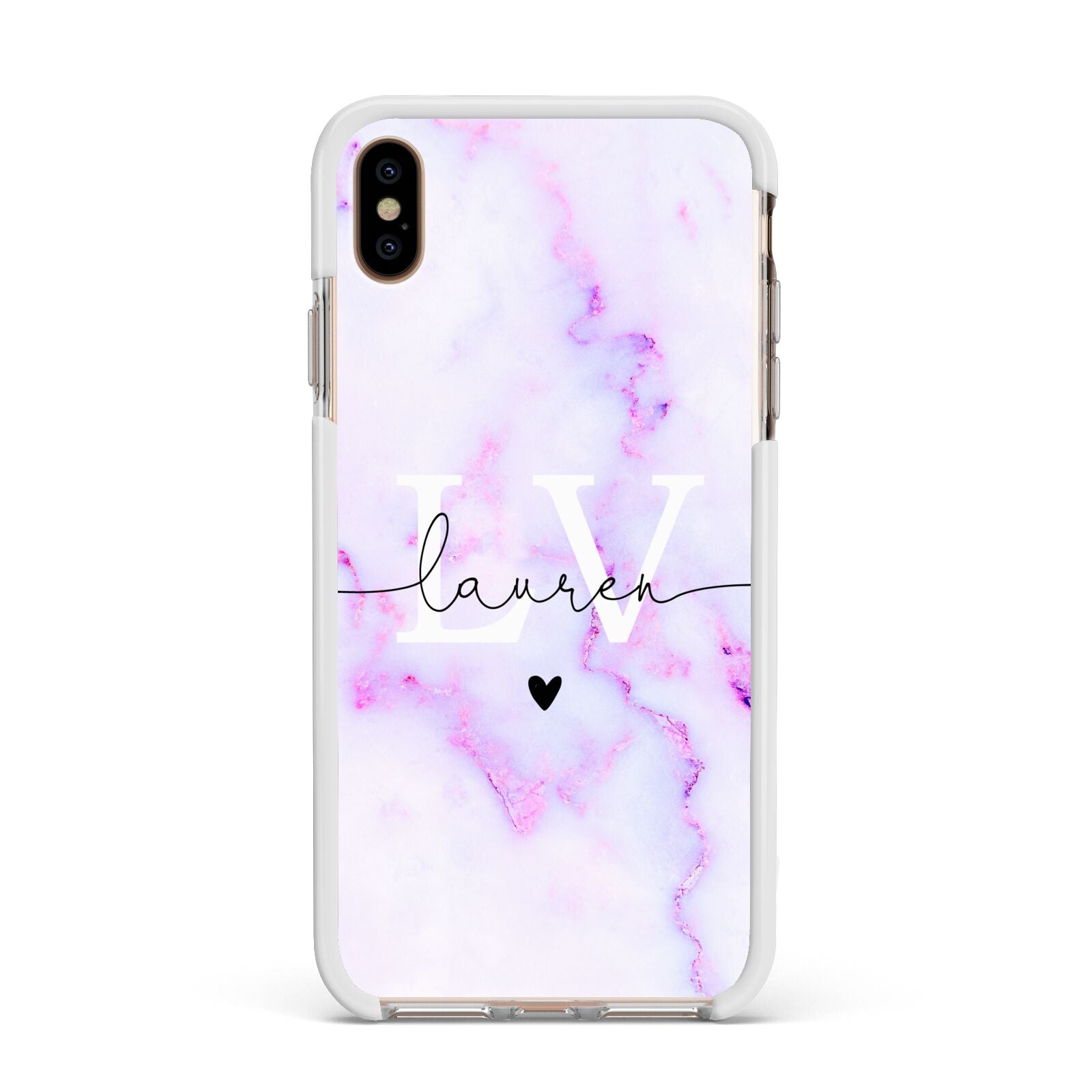 Customisable Name Initial Marble Apple iPhone Xs Max Impact Case White Edge on Gold Phone