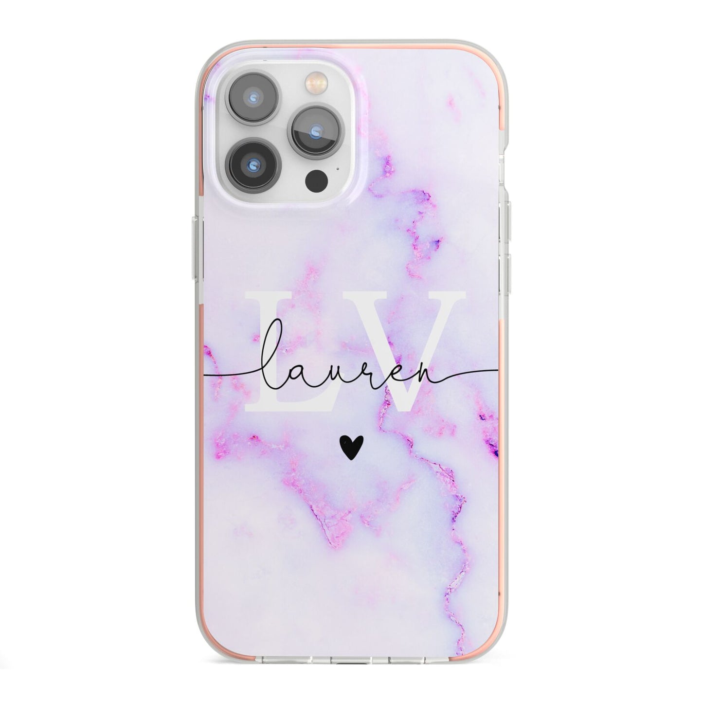 Customisable Name Initial Marble iPhone 13 Pro Max TPU Impact Case with Pink Edges