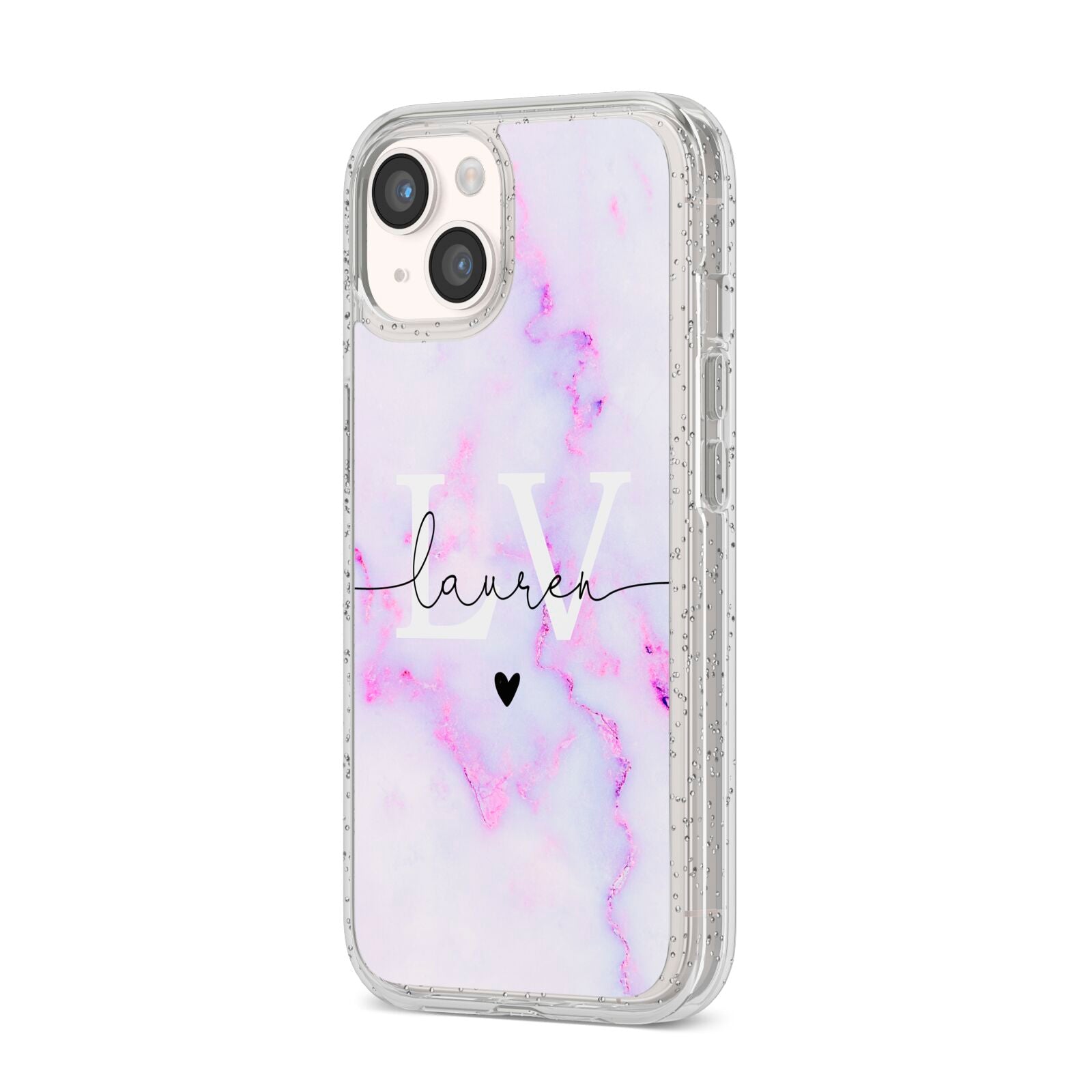Customisable Name Initial Marble iPhone 14 Glitter Tough Case Starlight Angled Image