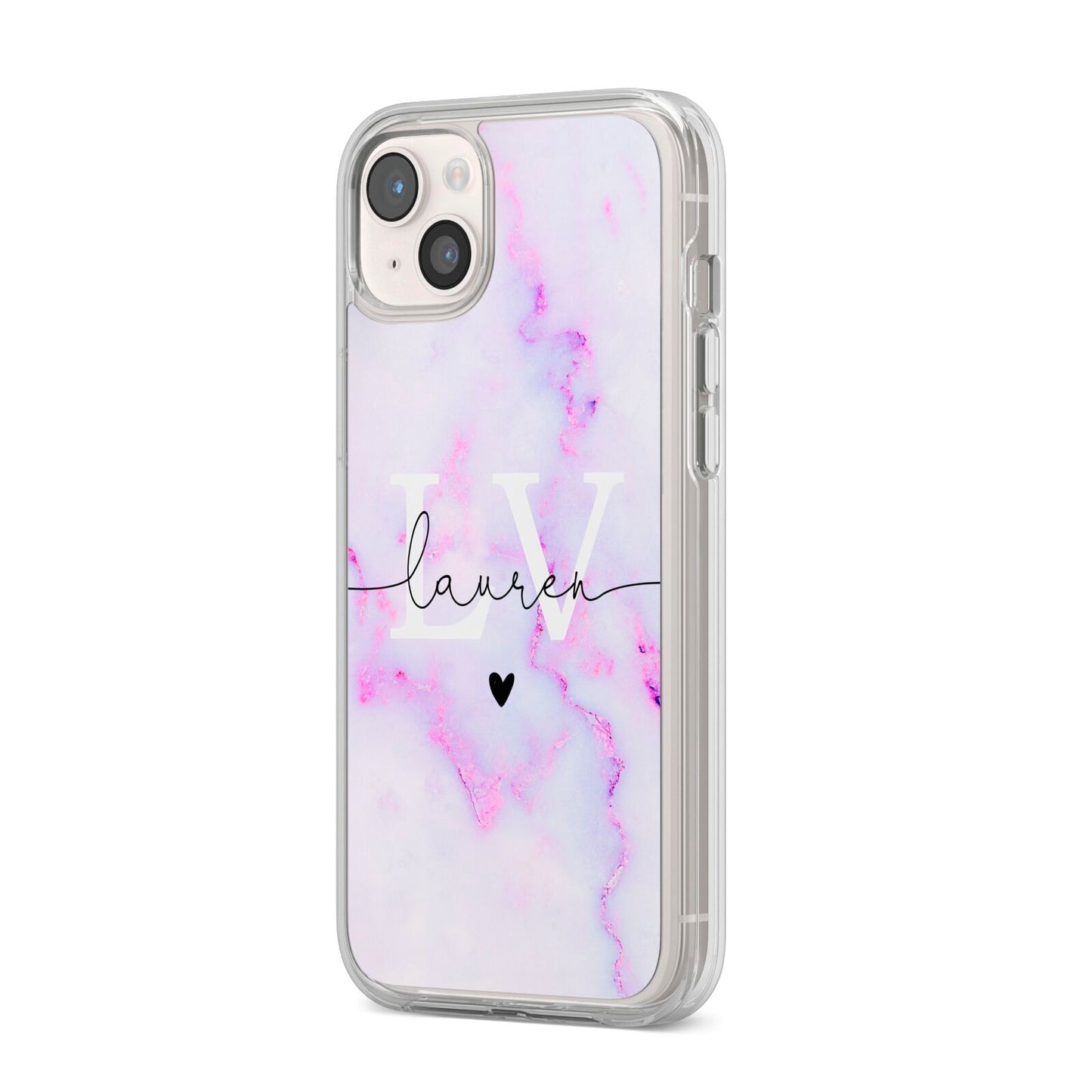Customisable Name Initial Marble iPhone 14 Plus Clear Tough Case Starlight Angled Image