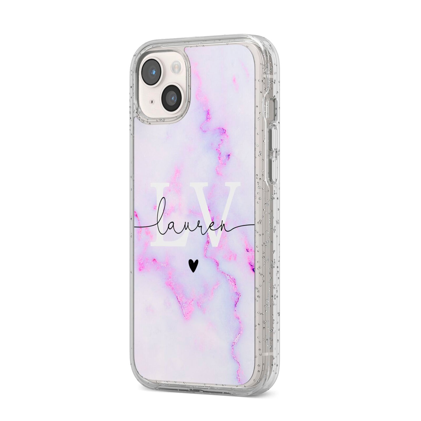 Customisable Name Initial Marble iPhone 14 Plus Glitter Tough Case Starlight Angled Image
