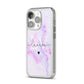 Customisable Name Initial Marble iPhone 14 Pro Clear Tough Case Silver Angled Image