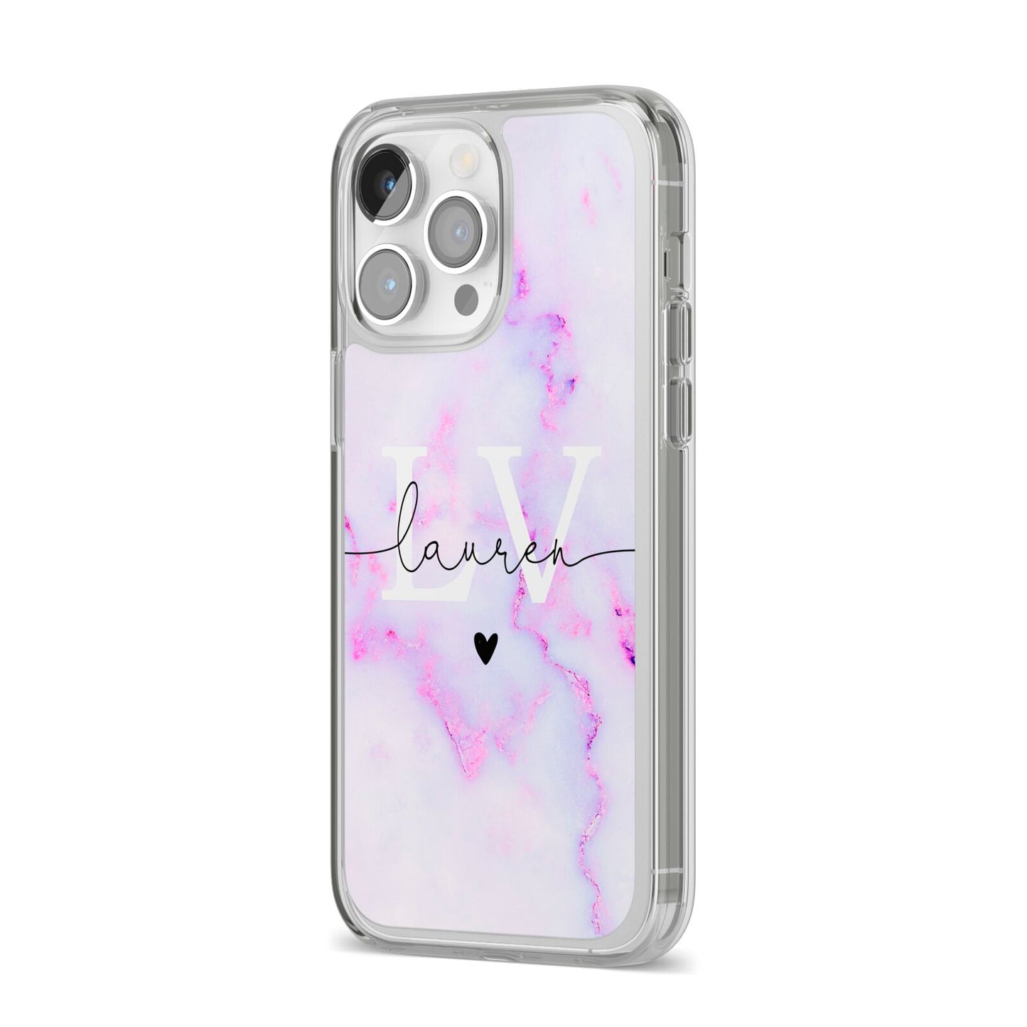 Customisable Name Initial Marble iPhone 14 Pro Max Clear Tough Case Silver Angled Image