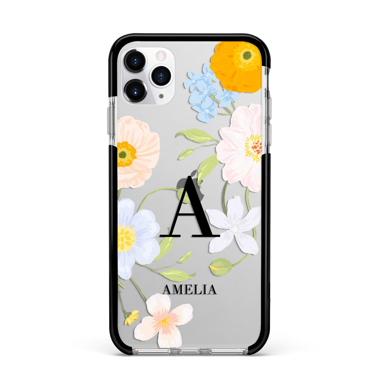 Customised Floral Apple iPhone 11 Pro Max in Silver with Black Impact Case