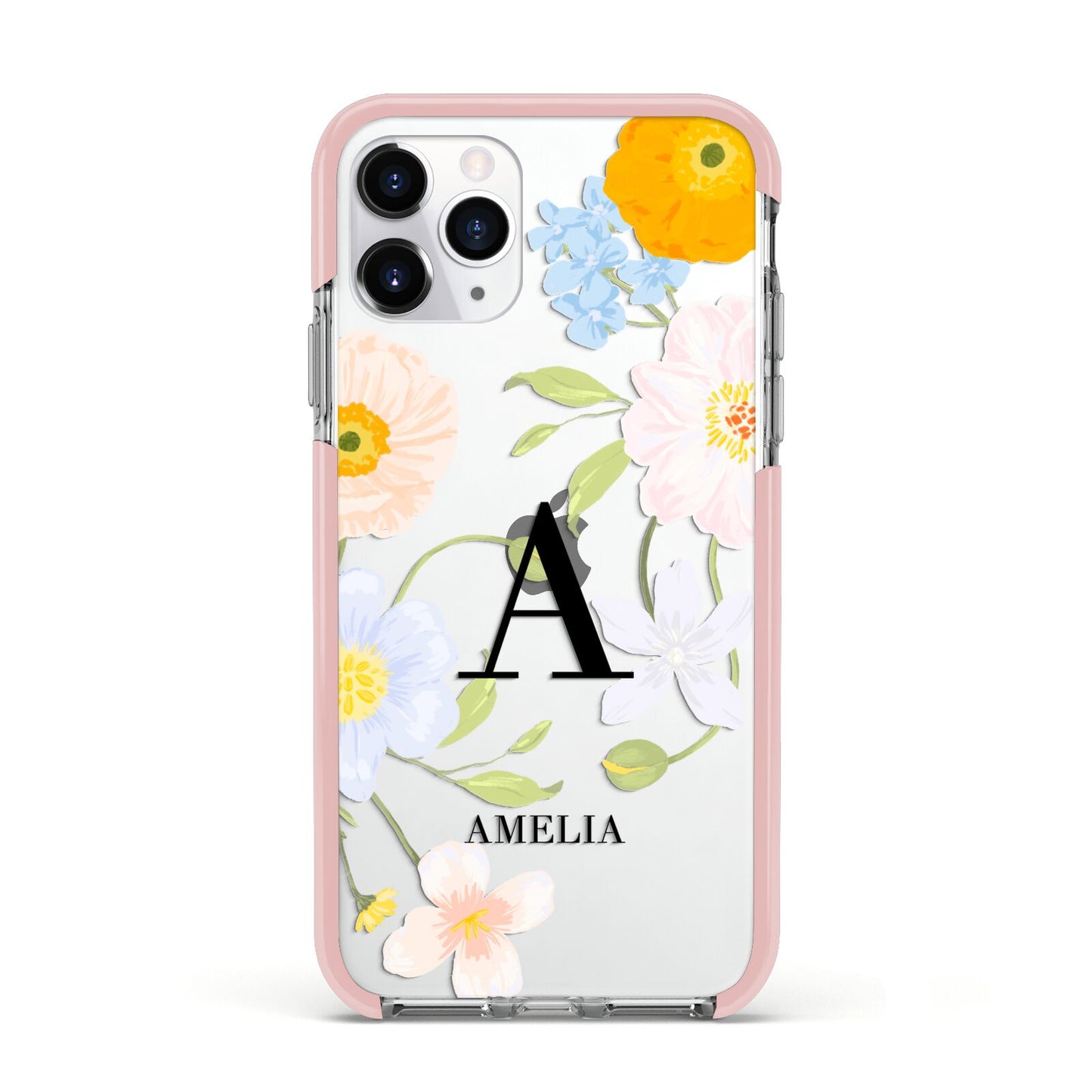 Customised Floral Apple iPhone 11 Pro in Silver with Pink Impact Case