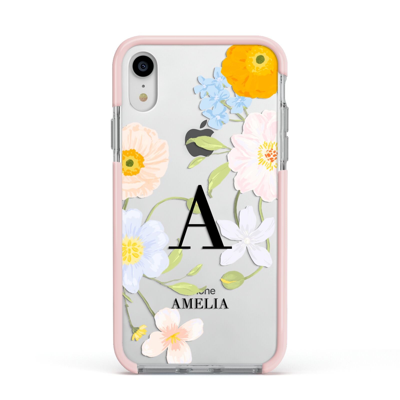 Customised Floral Apple iPhone XR Impact Case Pink Edge on Silver Phone