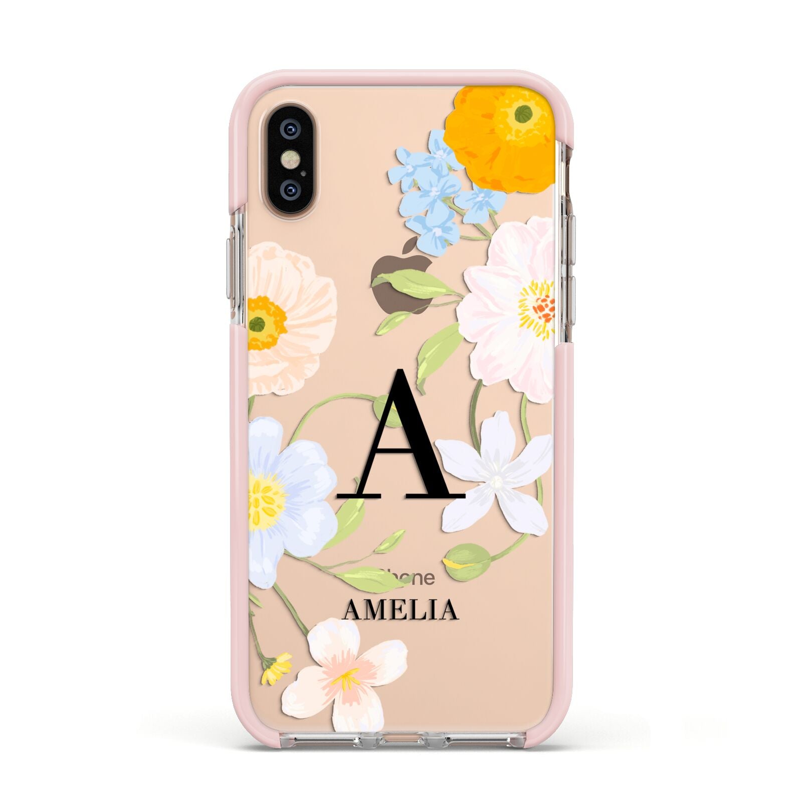 Customised Floral Apple iPhone Xs Impact Case Pink Edge on Gold Phone