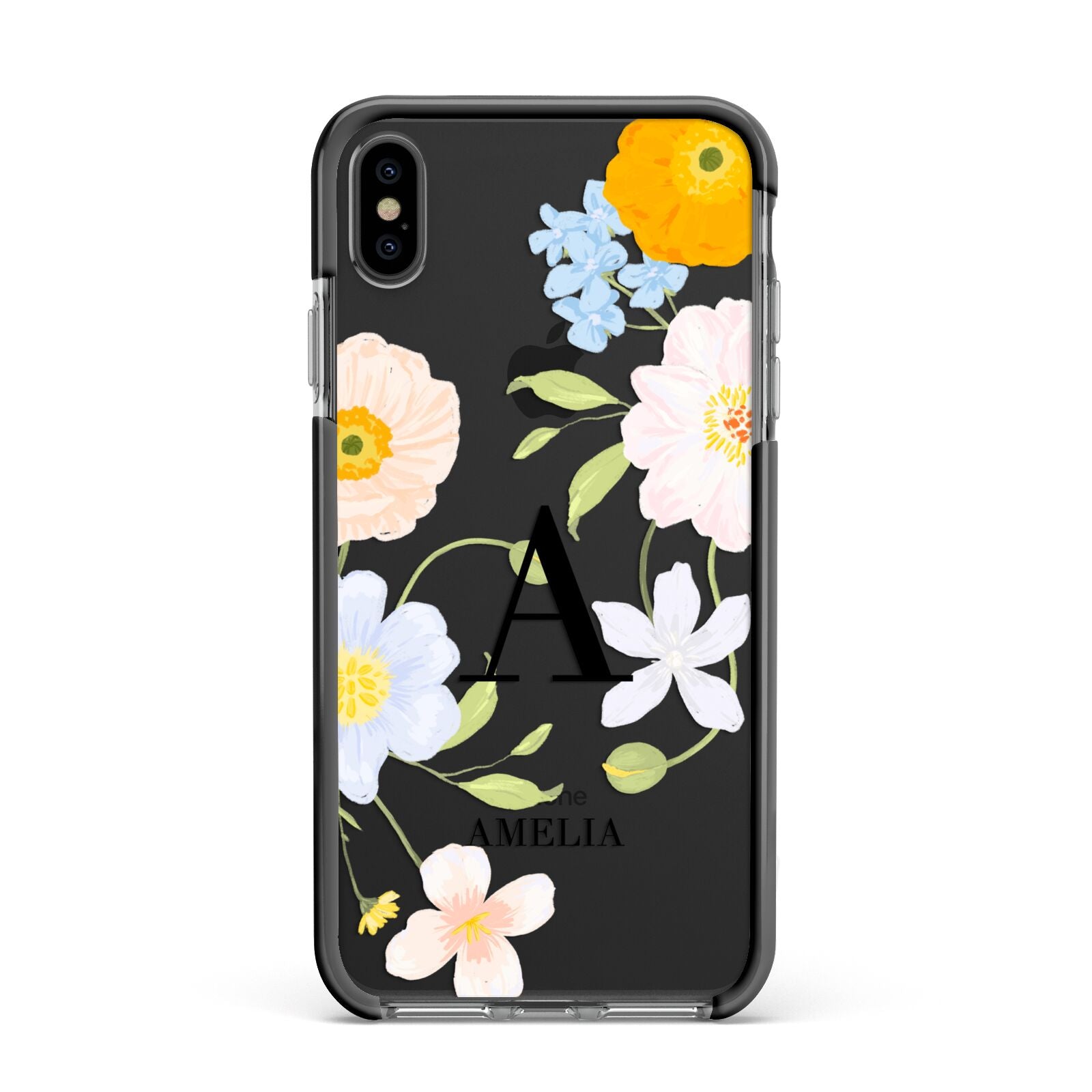 Customised Floral Apple iPhone Xs Max Impact Case Black Edge on Black Phone