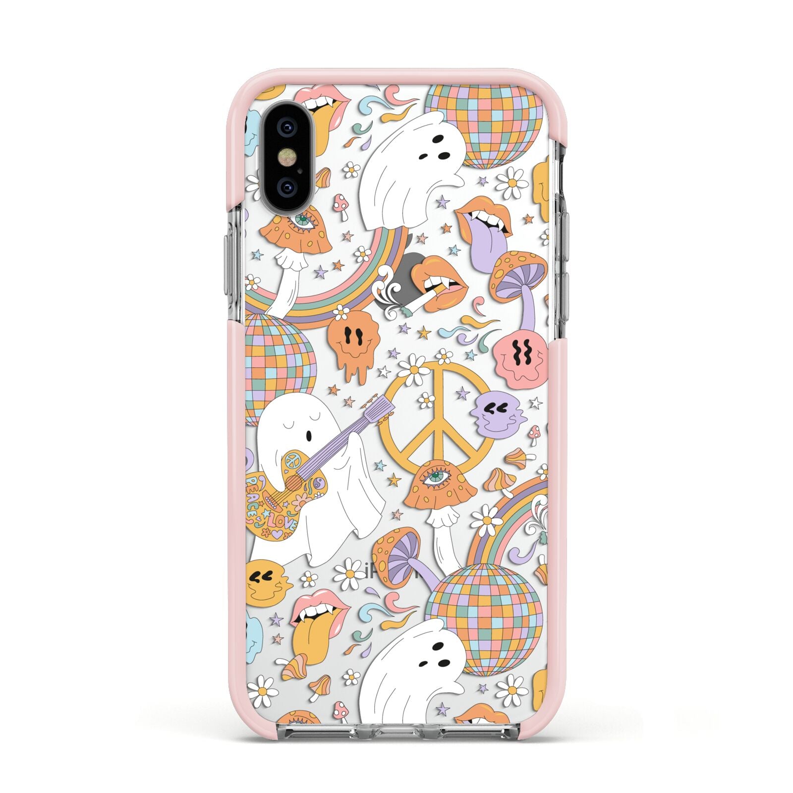 Disco Ghosts Apple iPhone Xs Impact Case Pink Edge on Silver Phone