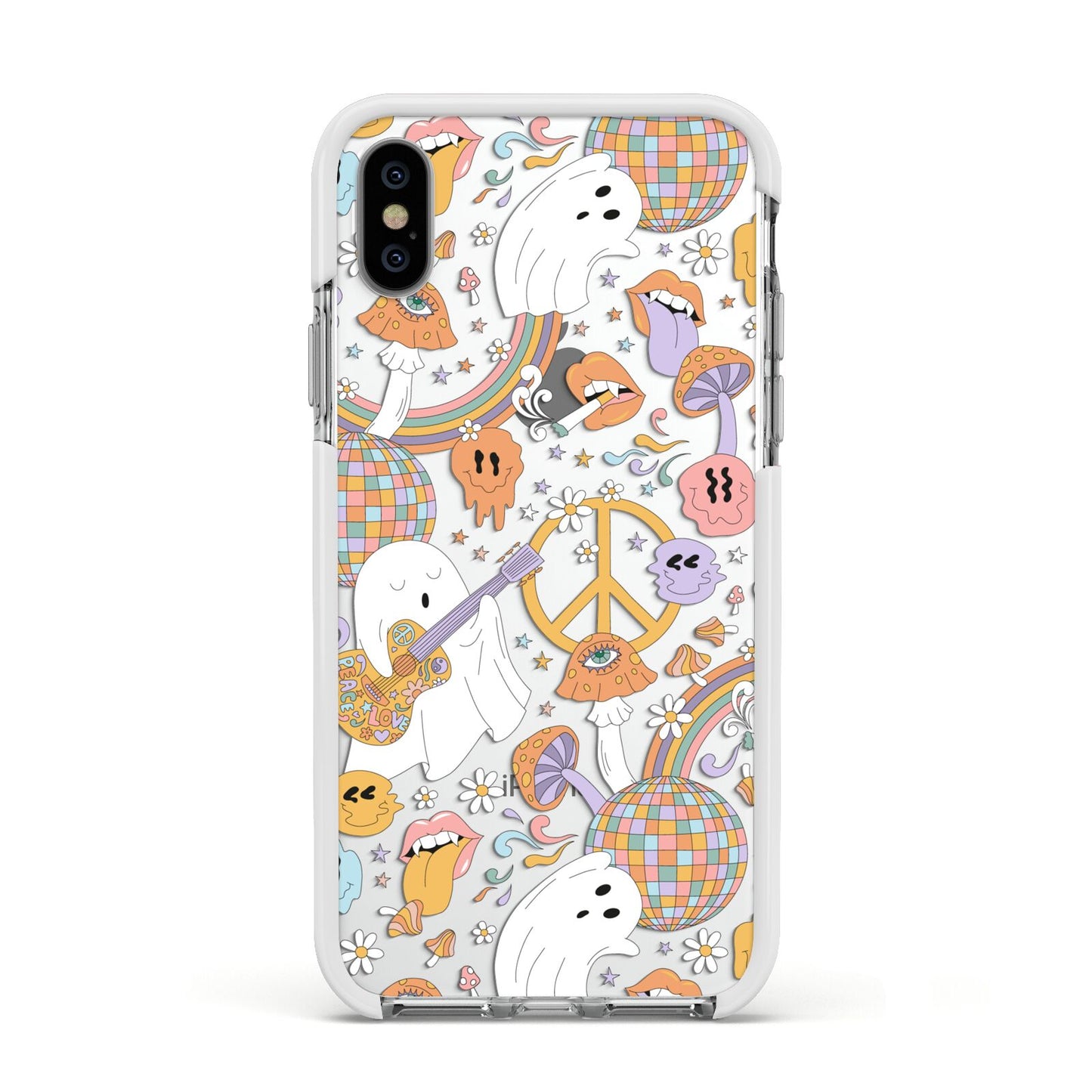 Disco Ghosts Apple iPhone Xs Impact Case White Edge on Silver Phone