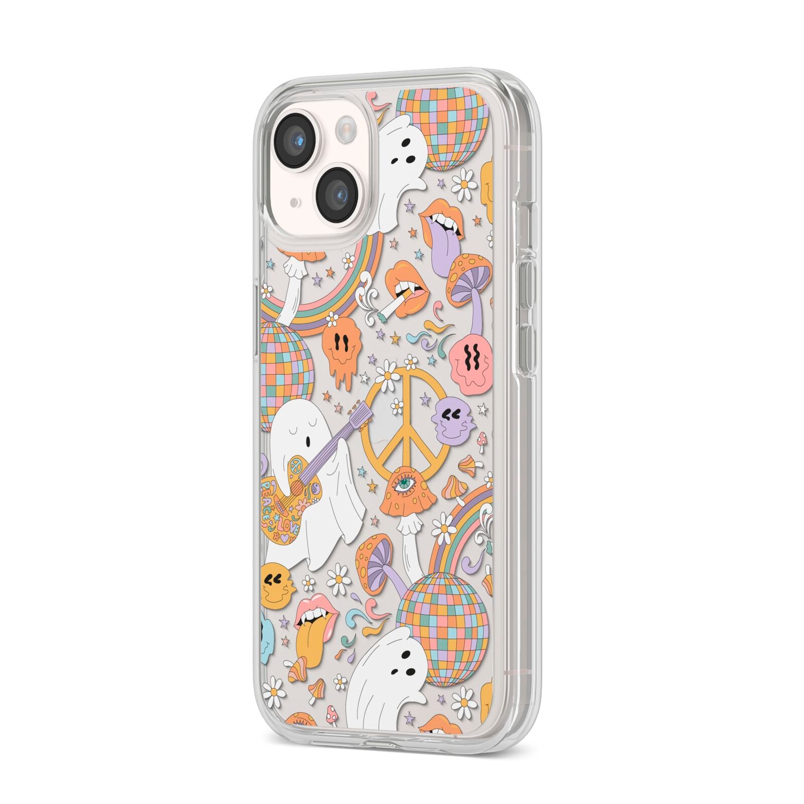 Disco Ghosts iPhone 14 Clear Tough Case Starlight Angled Image