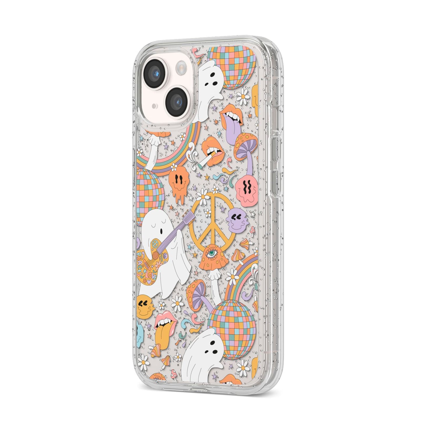 Disco Ghosts iPhone 14 Glitter Tough Case Starlight Angled Image